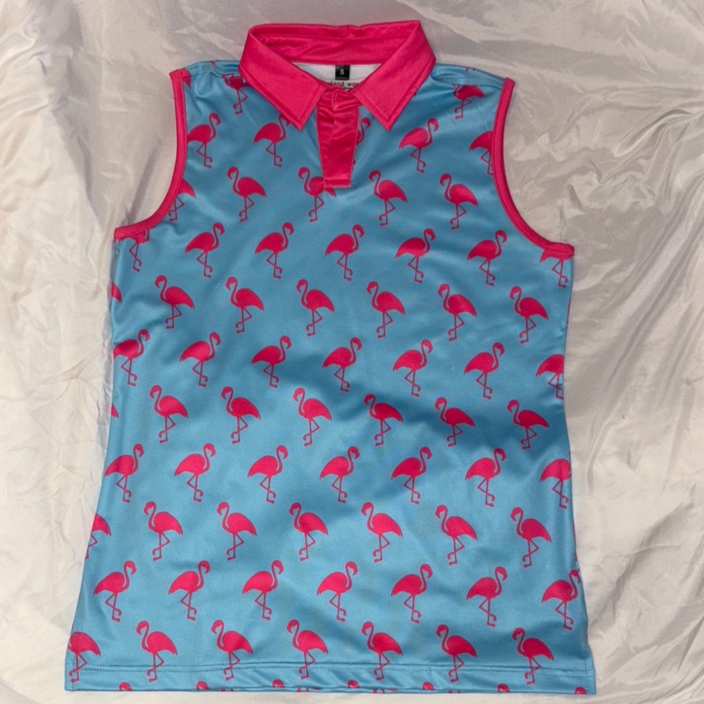 Flamingo Print Sleeveless Polo Golf Shirt